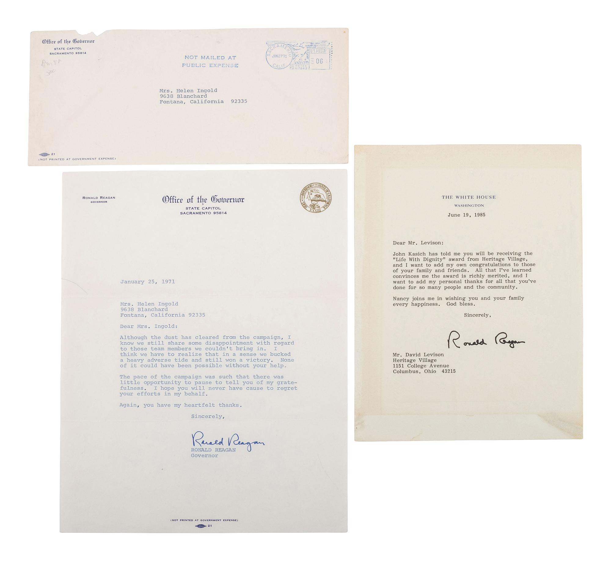 REAGAN, Ronald (1911-2004). Five signed items, most as Governor of California, plus.