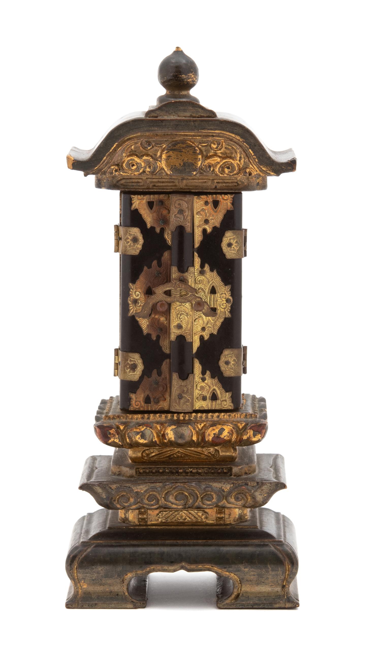 A Japanese Diminutive Gilt Decorated Black Lacquered Wood Shrine Height 7 1/2 inches. — 19TH CENTURY