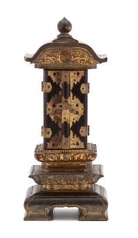 A Japanese Diminutive Gilt Decorated Black Lacquered Wood Shrine Height 7 1/2 inches. — 19TH CENTURY