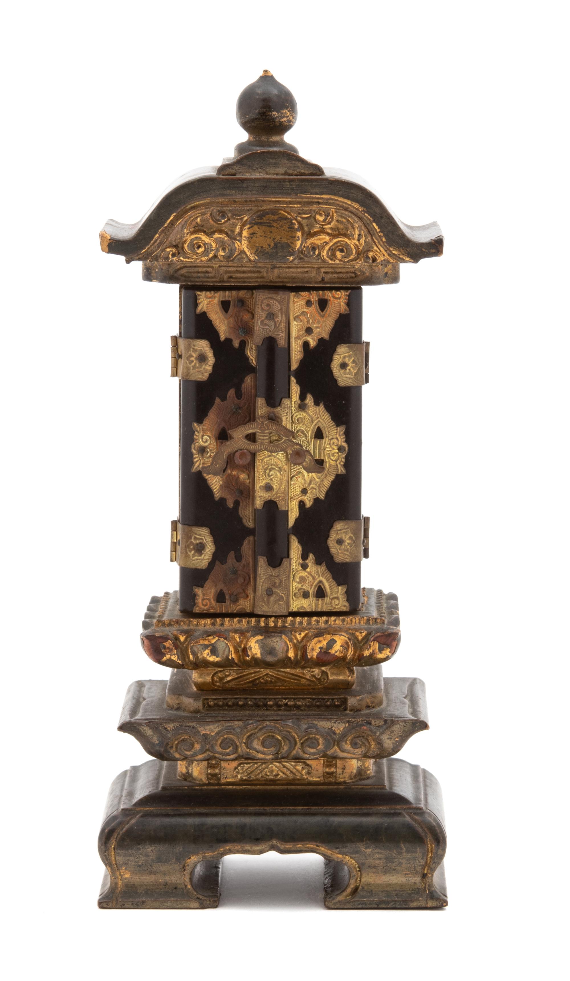A Japanese Diminutive Gilt Decorated Black Lacquered Wood Shrine Height 7 1/2 inches. — 19TH CENTURY
