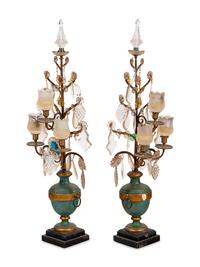 A Pair of Italian Painted Wood and Glass Three-Light Candelabra