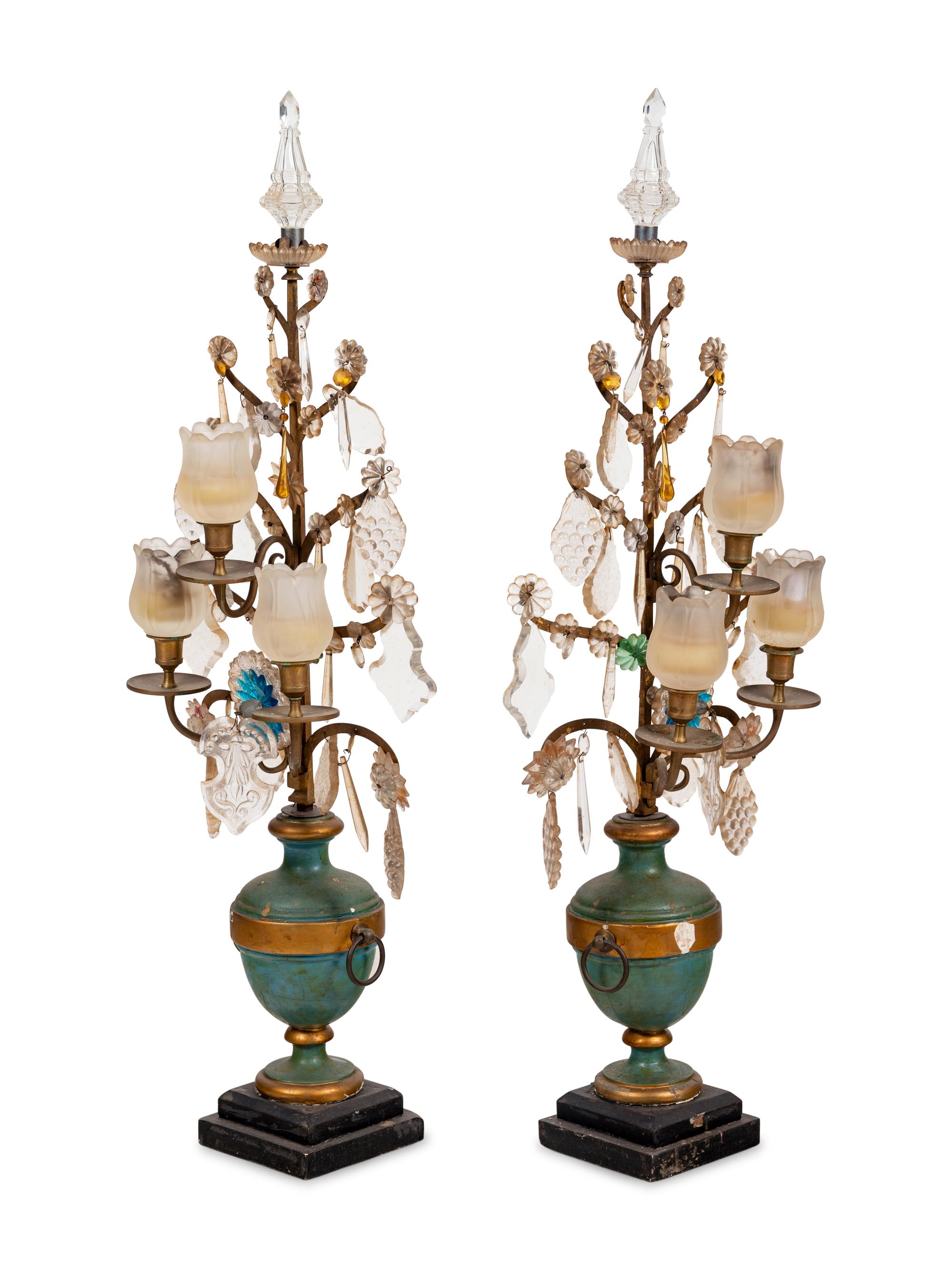 A Pair of Italian Painted Wood and Glass Three-Light Candelabra