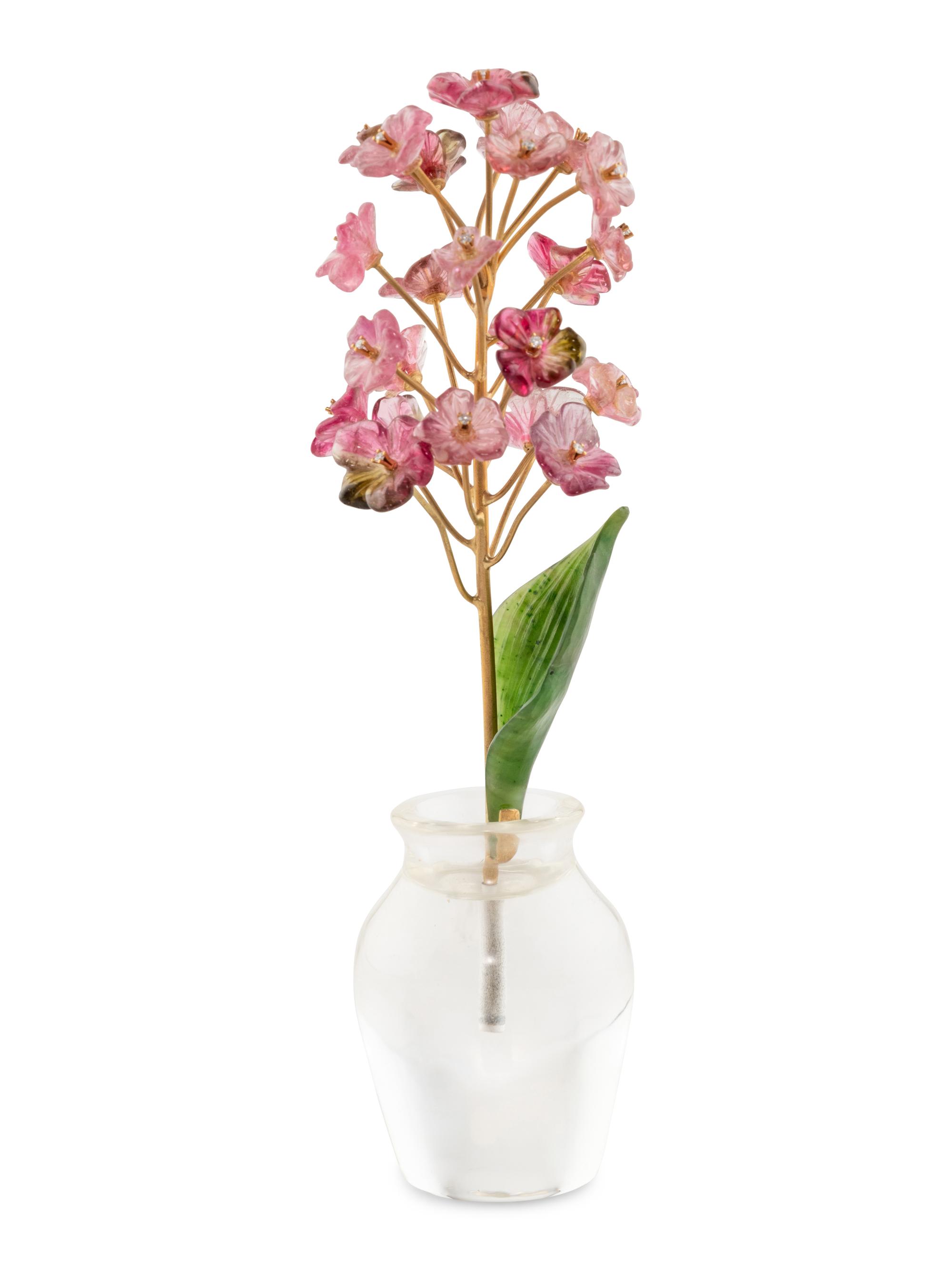 A Diamond Mounted Carved Rock Crystal, Nephrite, Tourmaline and 18-Karat Gold Cherry Blossom Flower Study