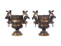 A Pair of Continental Gilt and Patinated Bronze Urns