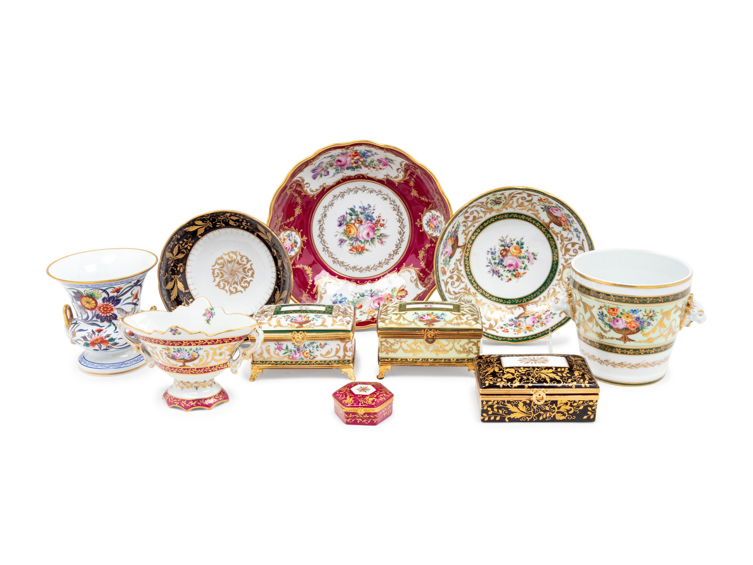 Ten French Painted and Parcel Gilt Porcelain Articles