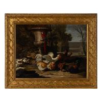 Attributed to David de Coninck (Flemish, 1644-1701) — Fighting Fowl in a Baroque Garden with a Macaw and a Hound