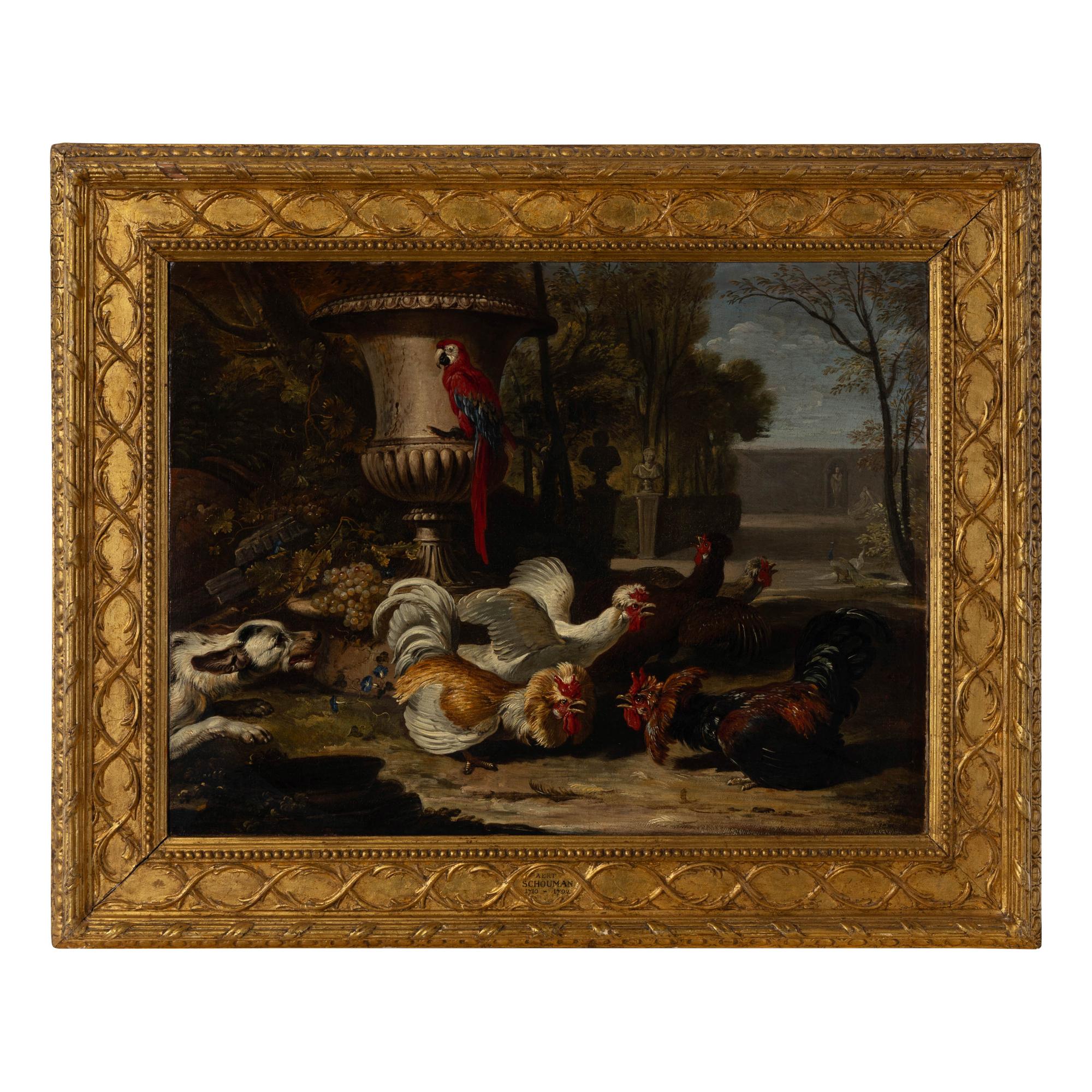 Attributed to David de Coninck (Flemish, 1644-1701) — Fighting Fowl in a Baroque Garden with a Macaw and a Hound