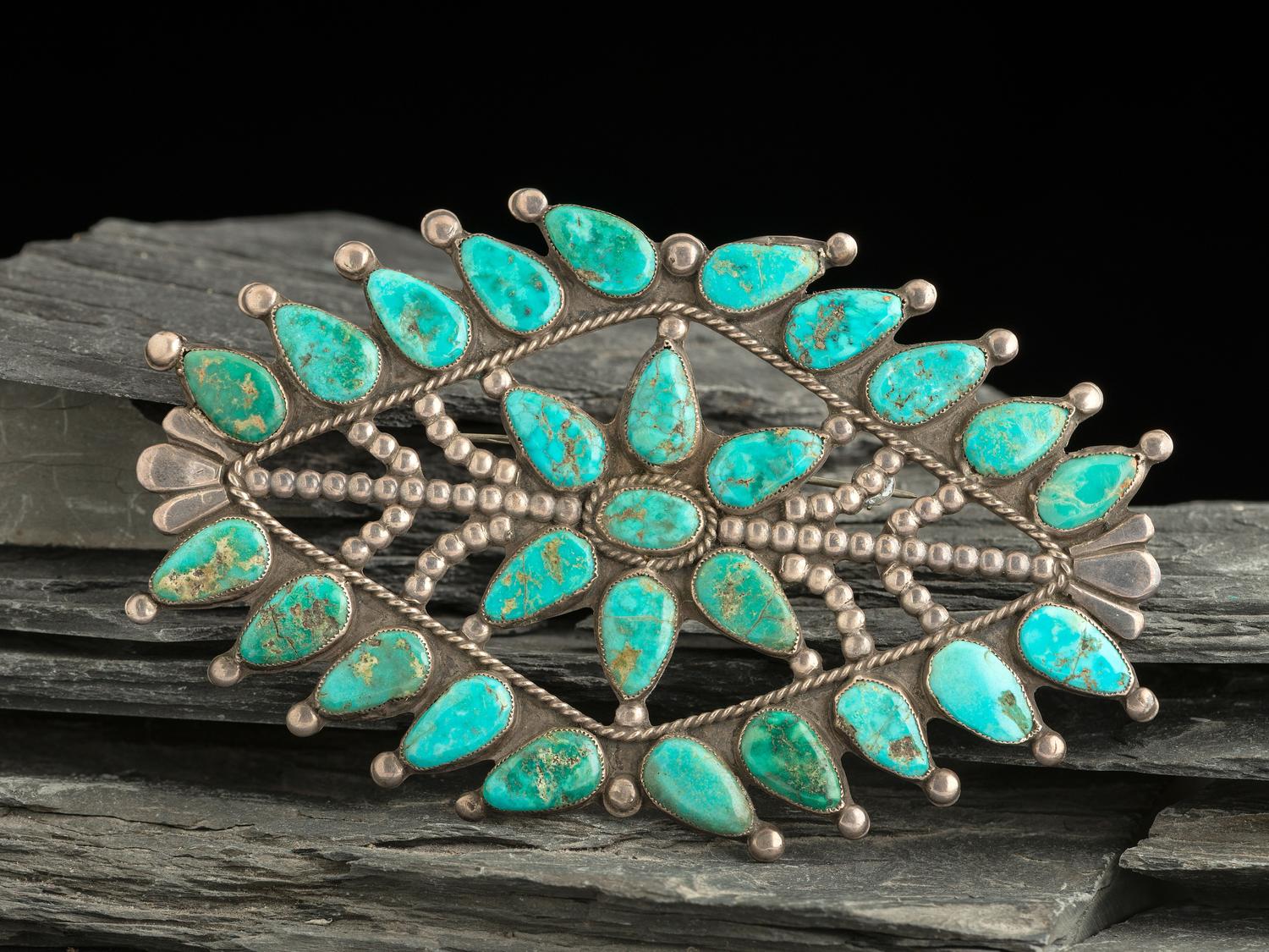 Large Statement Zuni Silver and Turquoise Cluster Pin / Brooch