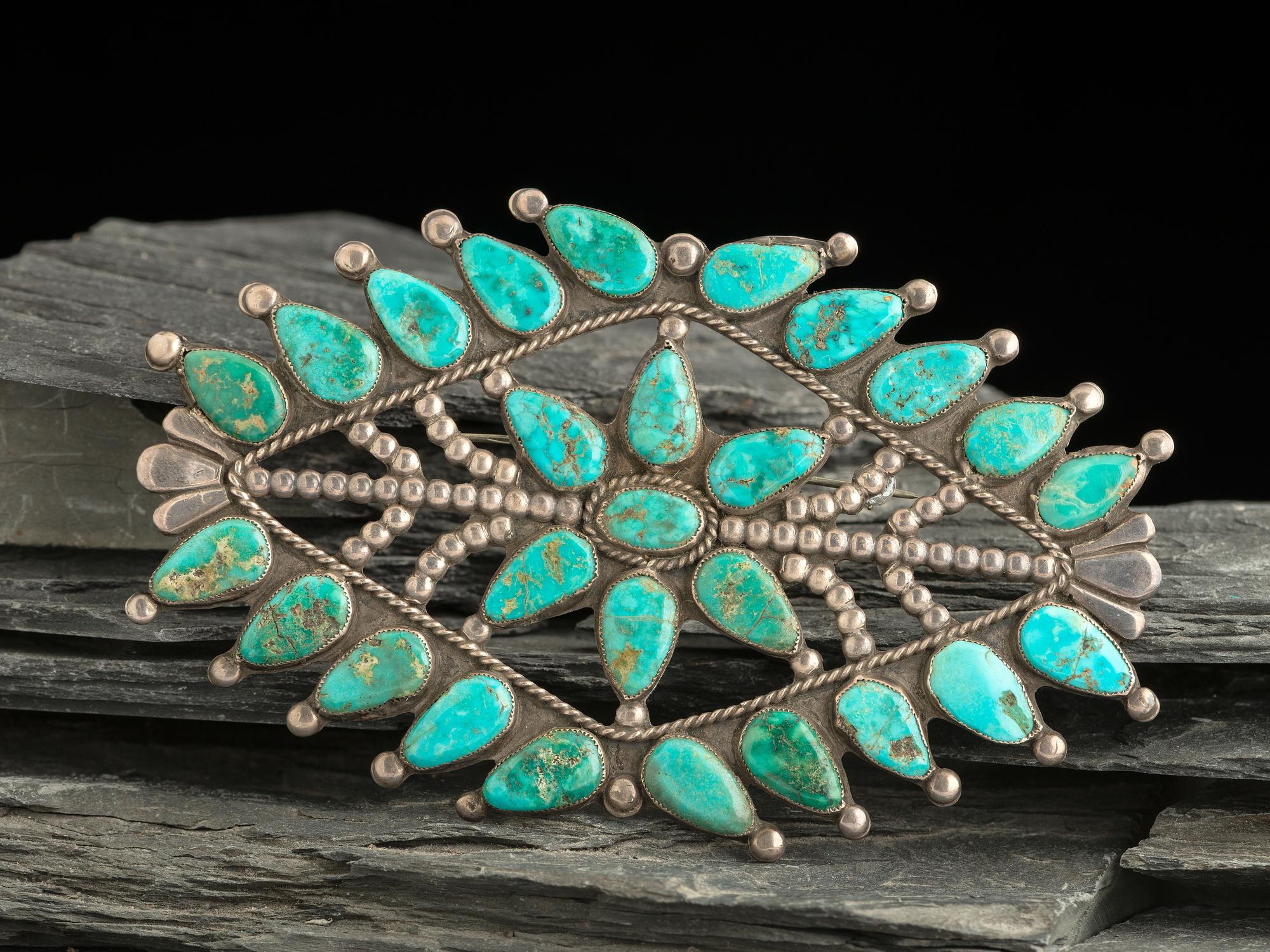 Large Statement Zuni Silver and Turquoise Cluster Pin / Brooch