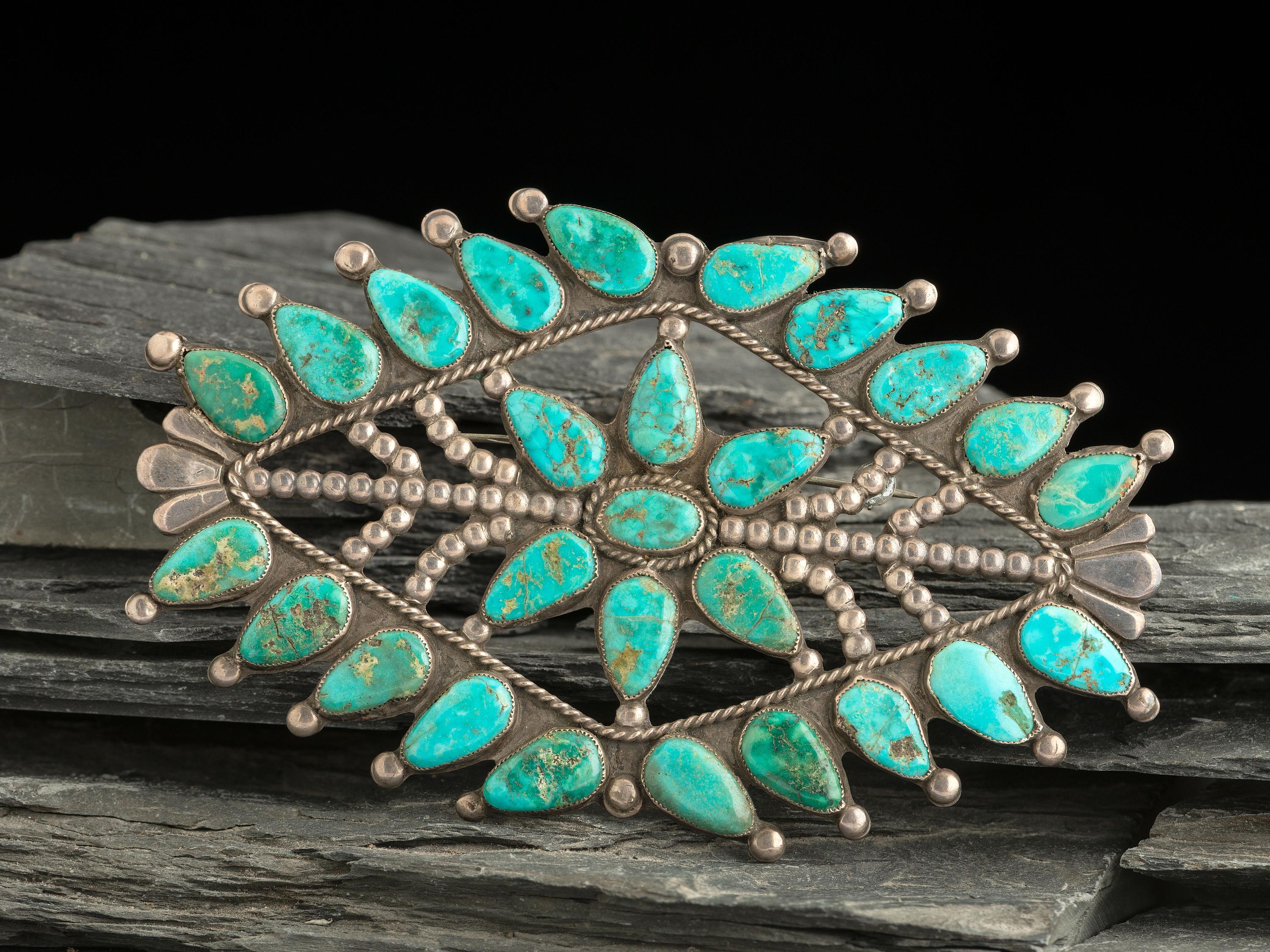 Large Statement Zuni Silver and Turquoise Cluster Pin / Brooch