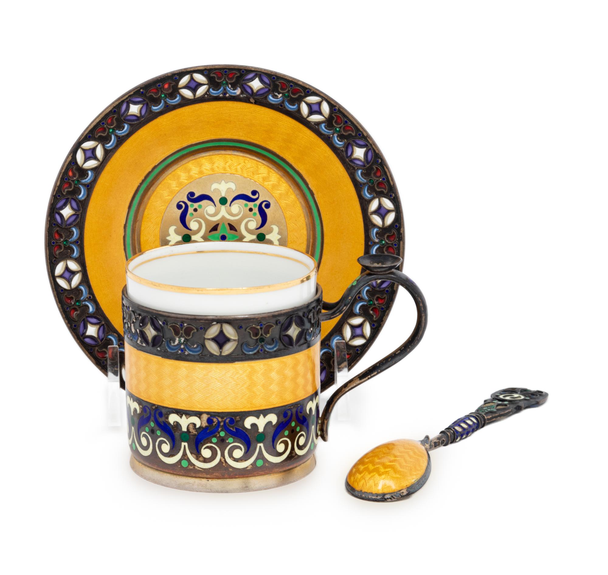 A Russian Enameled Silver Coffee Cup and Saucer