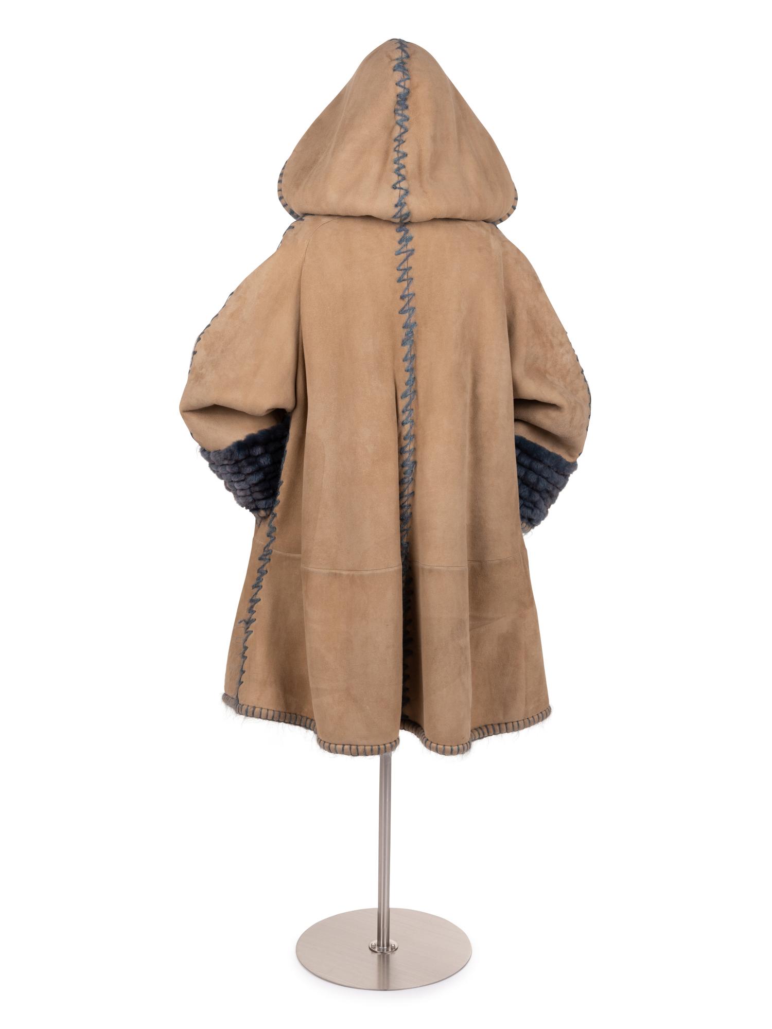 Fendi Suede Hooded Coat Lined in Blue Shearling, c. 1993