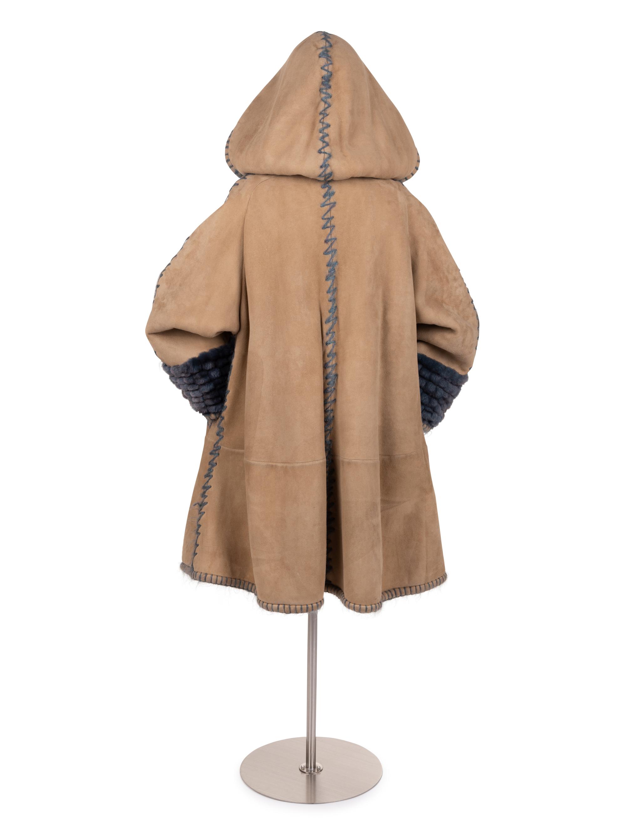 Fendi Suede Hooded Coat Lined in Blue Shearling, c. 1993