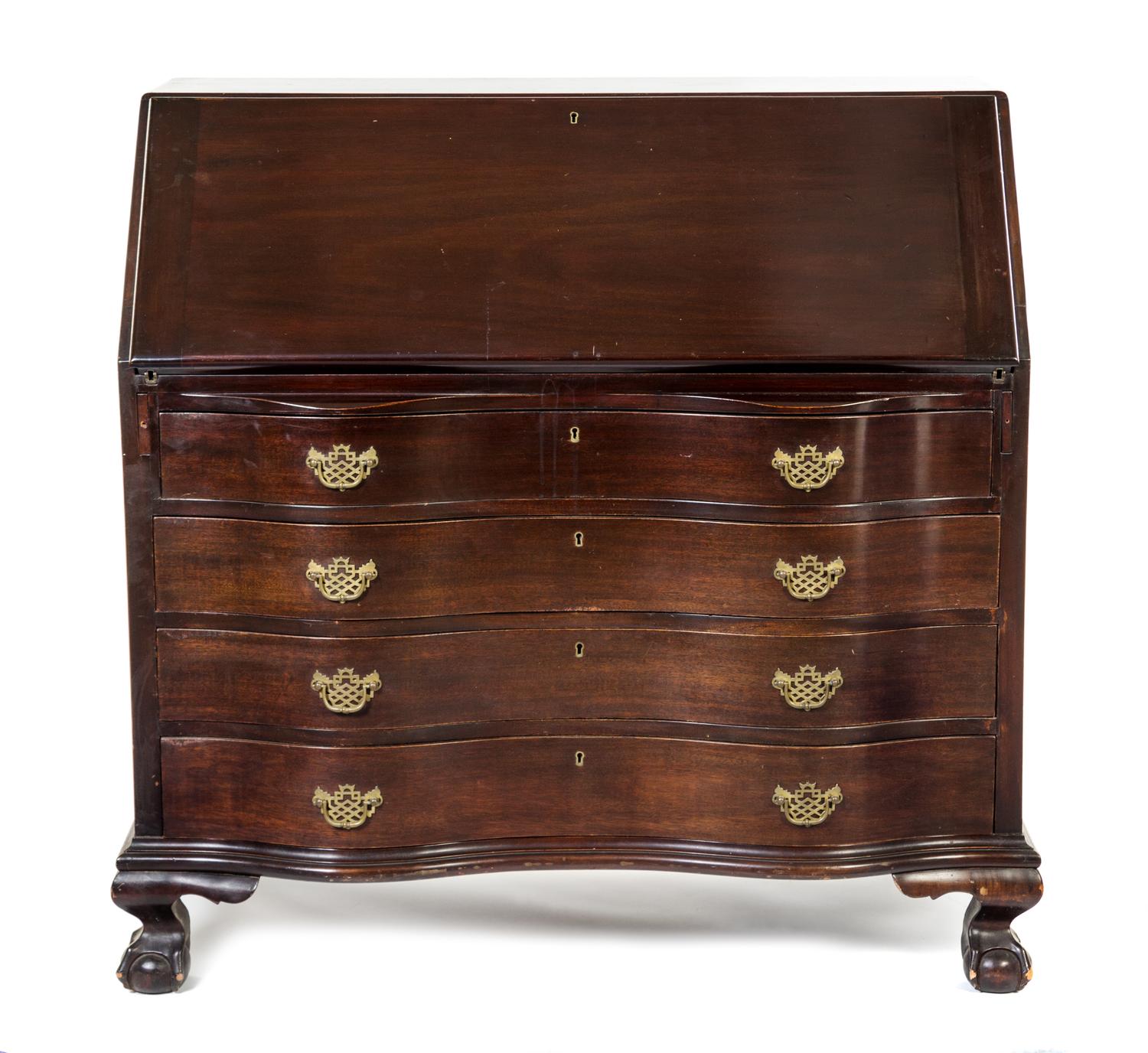 An American Chippendale Style Mahogany Slant-Front Bureau Height 42 x width 44 x depth 21 1/4 inches. — FIRST HALF 20TH CENTURY