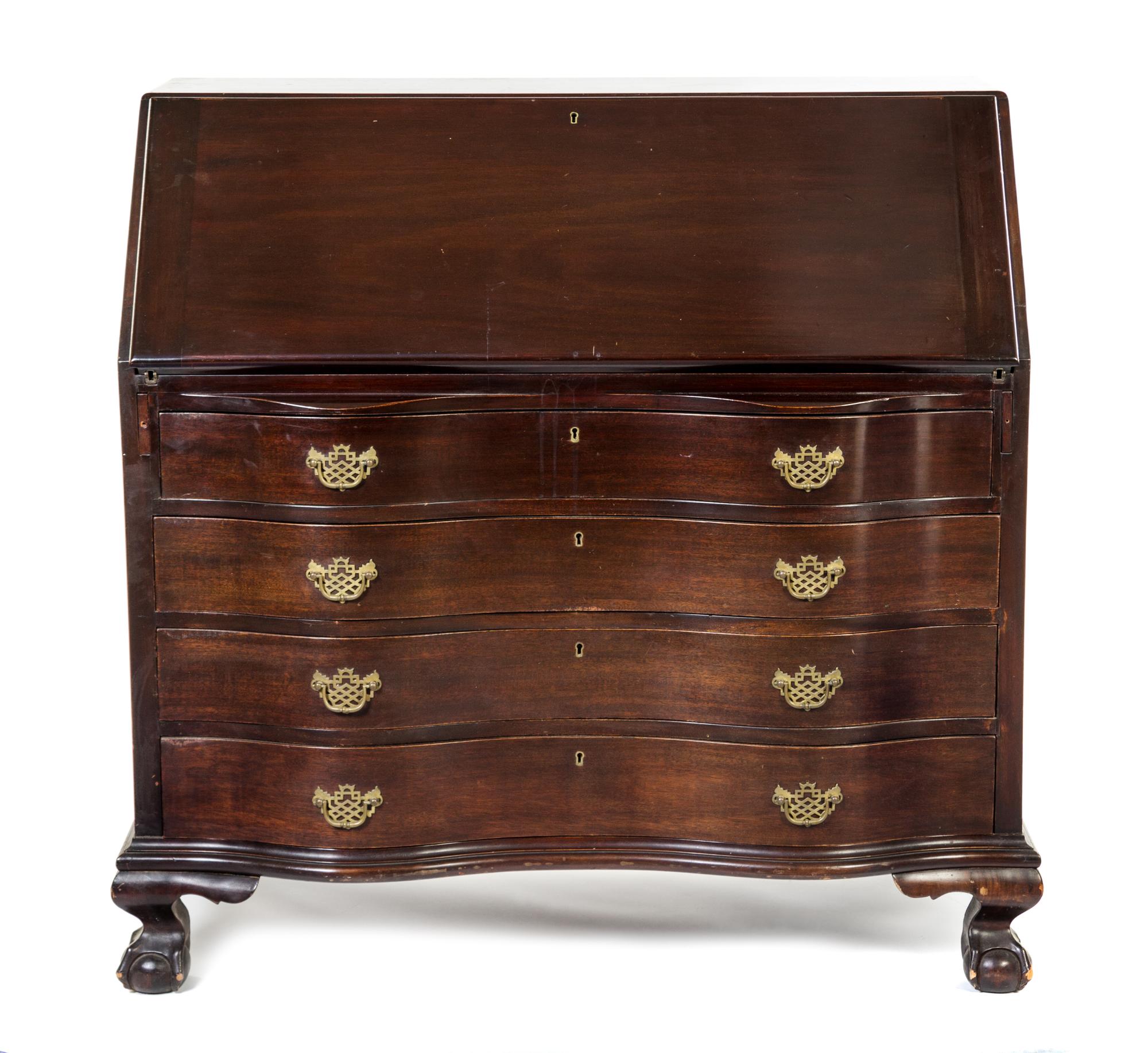 An American Chippendale Style Mahogany Slant-Front Bureau Height 42 x width 44 x depth 21 1/4 inches. — FIRST HALF 20TH CENTURY