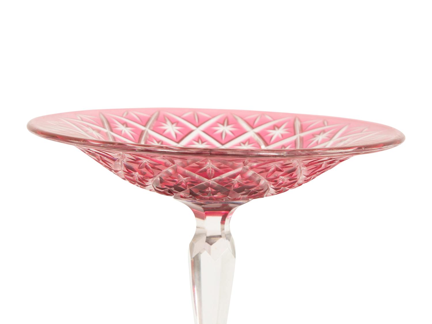 A Pair of Cranberry Cut-to-Clear Glass, Onyx and Silver-Plate Compotes