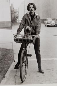 Sid Avery (1918-2002) Audrey Hepburn on her bicycle with her dog "Famous" at Paramount Studios, Los Angeles, CA, 1957