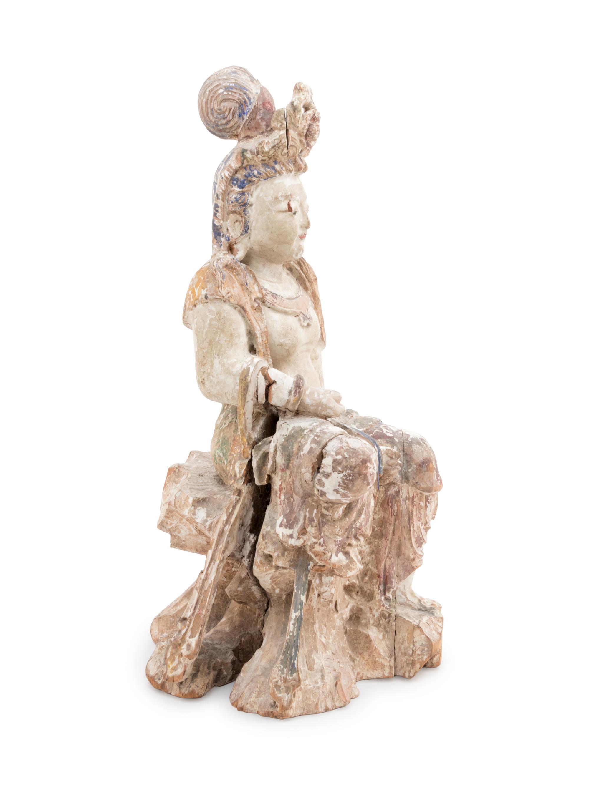 A Chinese Polychrome Painted Wood Figure of Guanyin