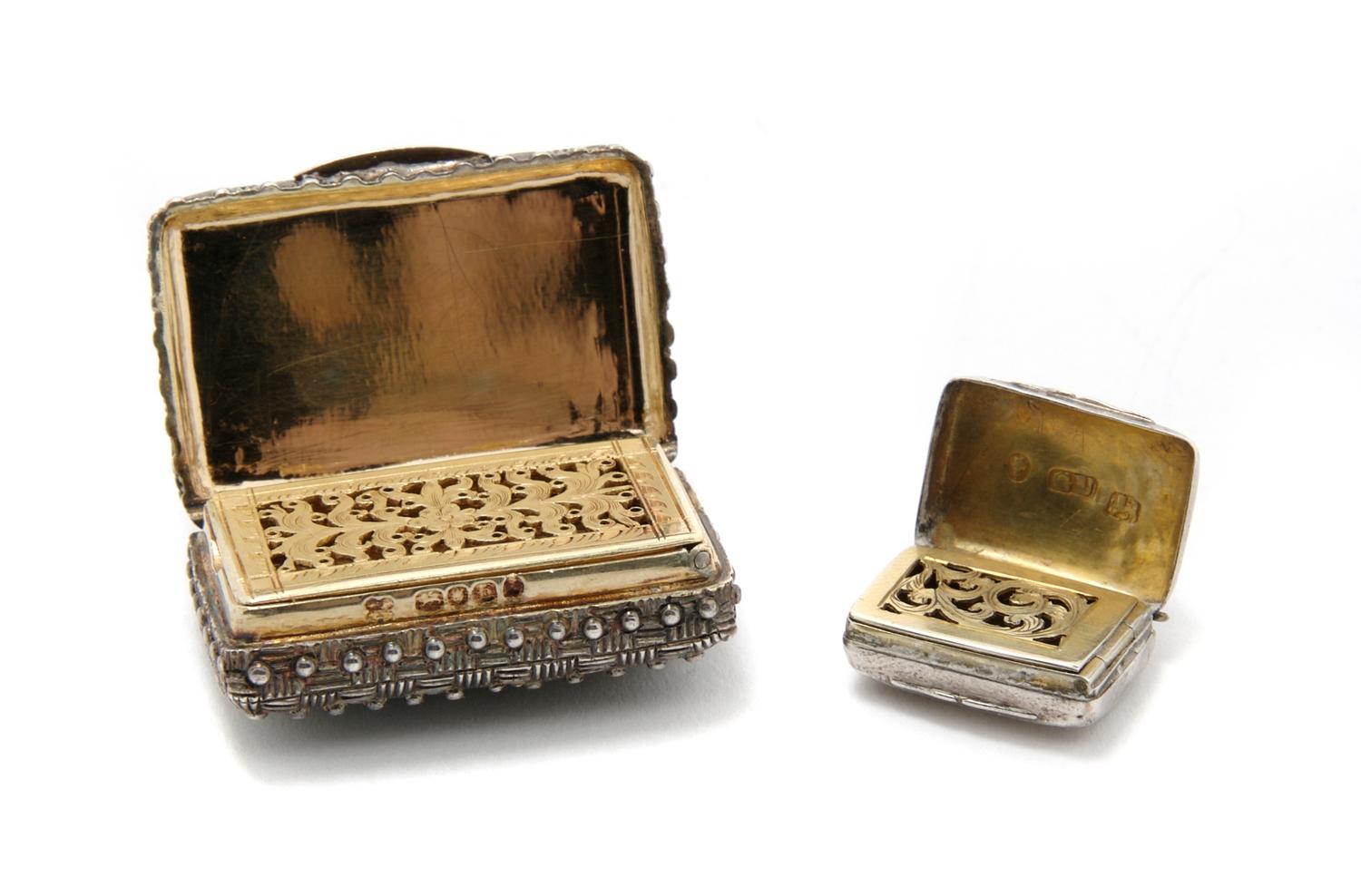 A Group of Two English Silver Vinaigrettes, Width of wider 1 5/8 inches.