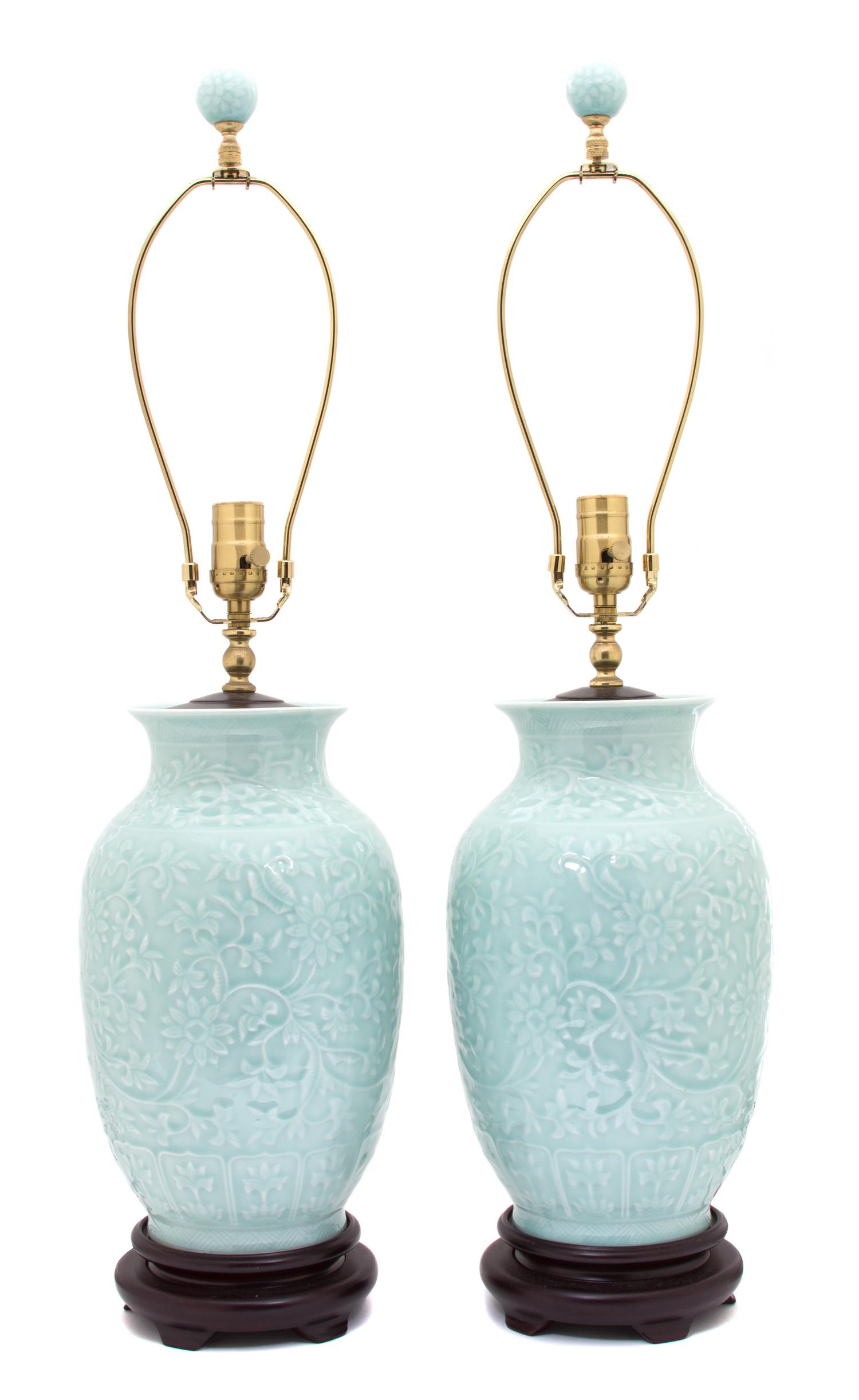 A Pair of Chinese Celadon Glazed Porcelain Vases Height 30 inches. — 20TH CENTURY