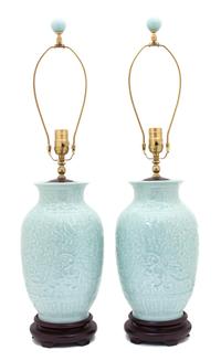 A Pair of Chinese Celadon Glazed Porcelain Vases Height 30 inches. — 20TH CENTURY