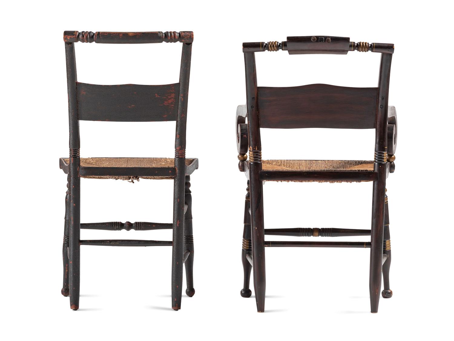 A Matched Set of Five Classical Black Painted and Stencil Decorated Rush-Seat Hitchcock Chairs
