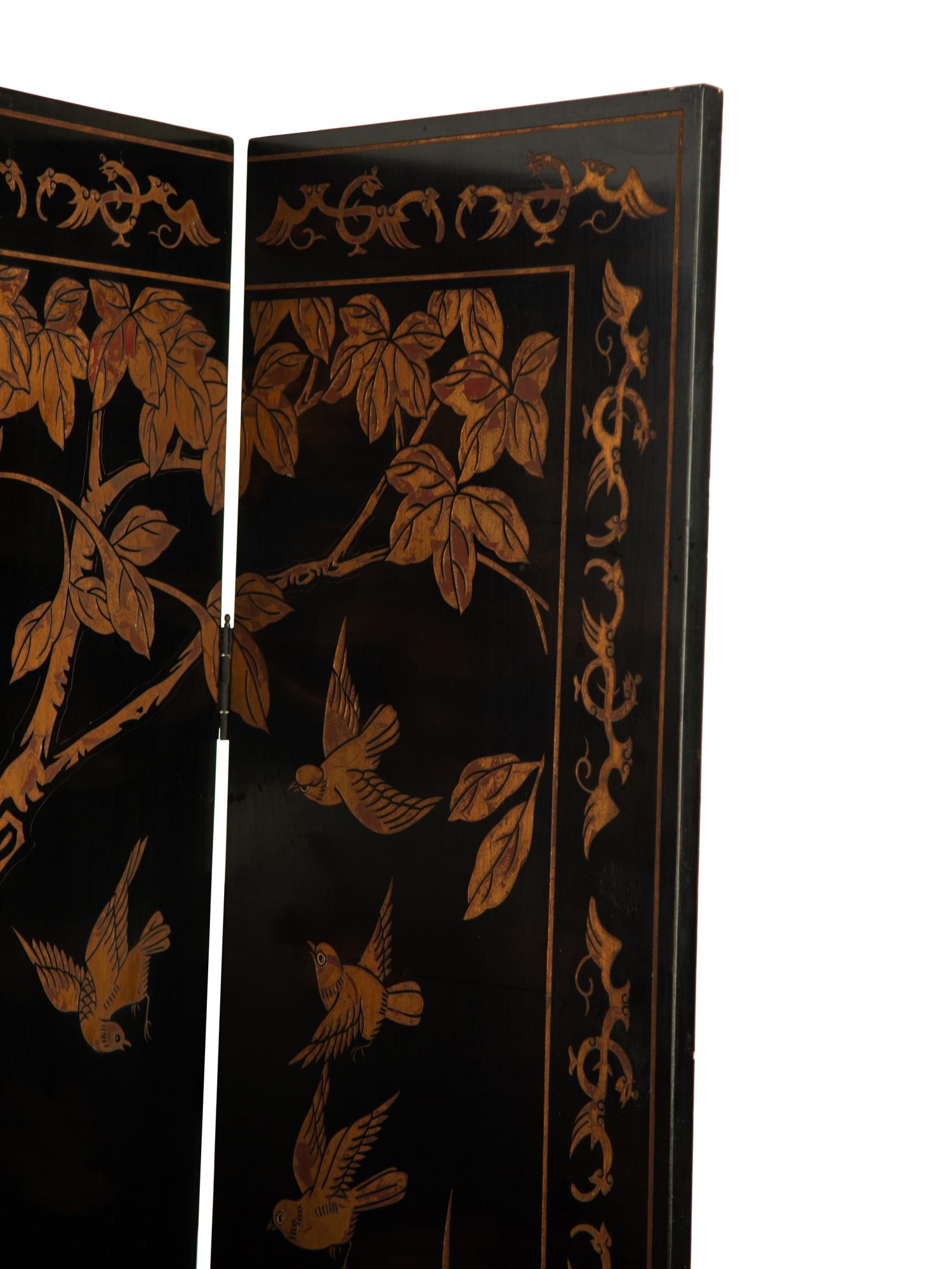 A Chinese Export Carved Lacquer Four-Panel Floor Screen