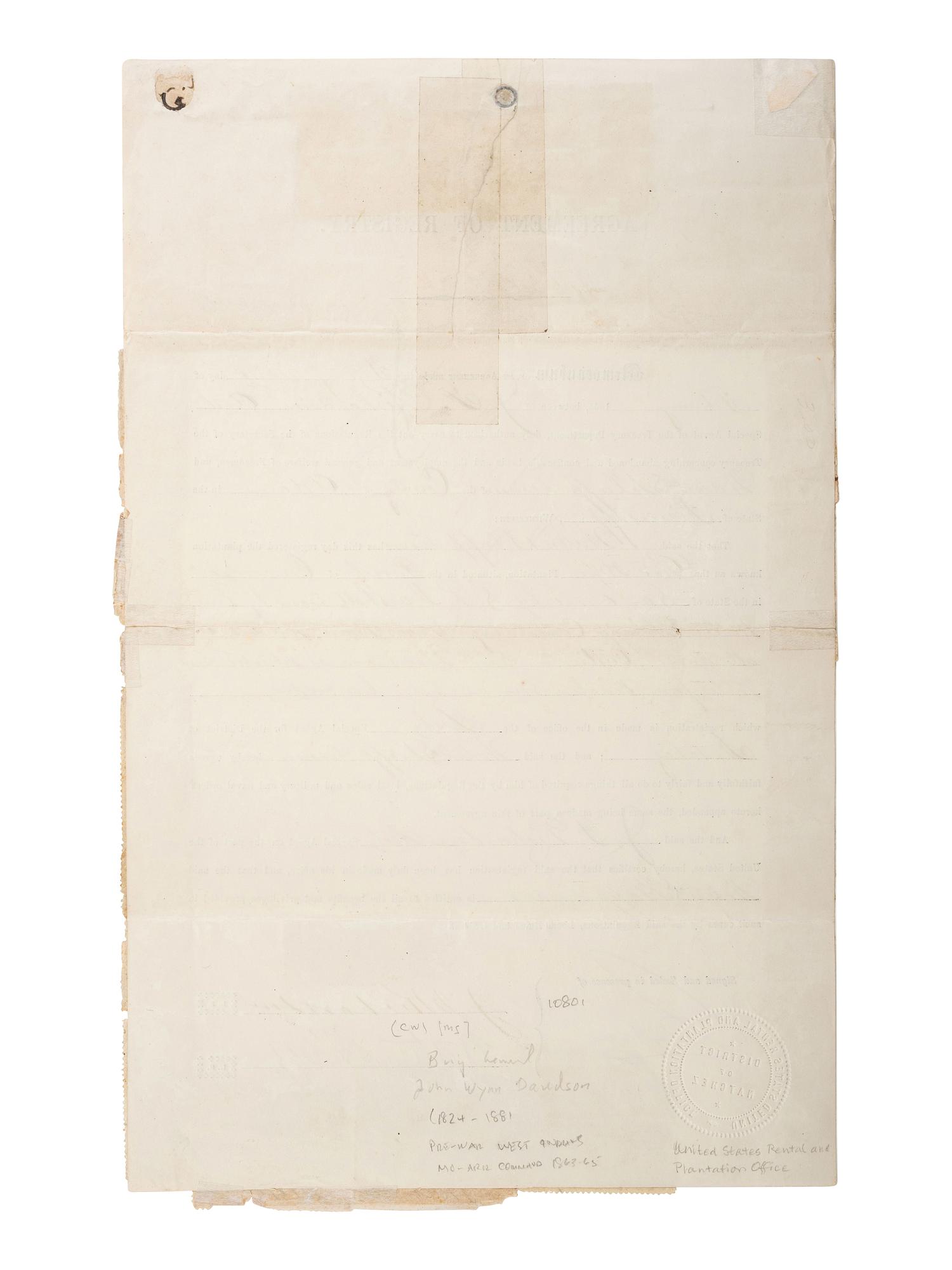 [ENSLAVEMENT & ABOLITION]. "Agreement of Registry" regarding the lease of lands and employment of "freedmen" at the Good Hope Plantation in Vidalia, LA. United States Rental and Plantation Office, District of Natchez. 23 February 1865.