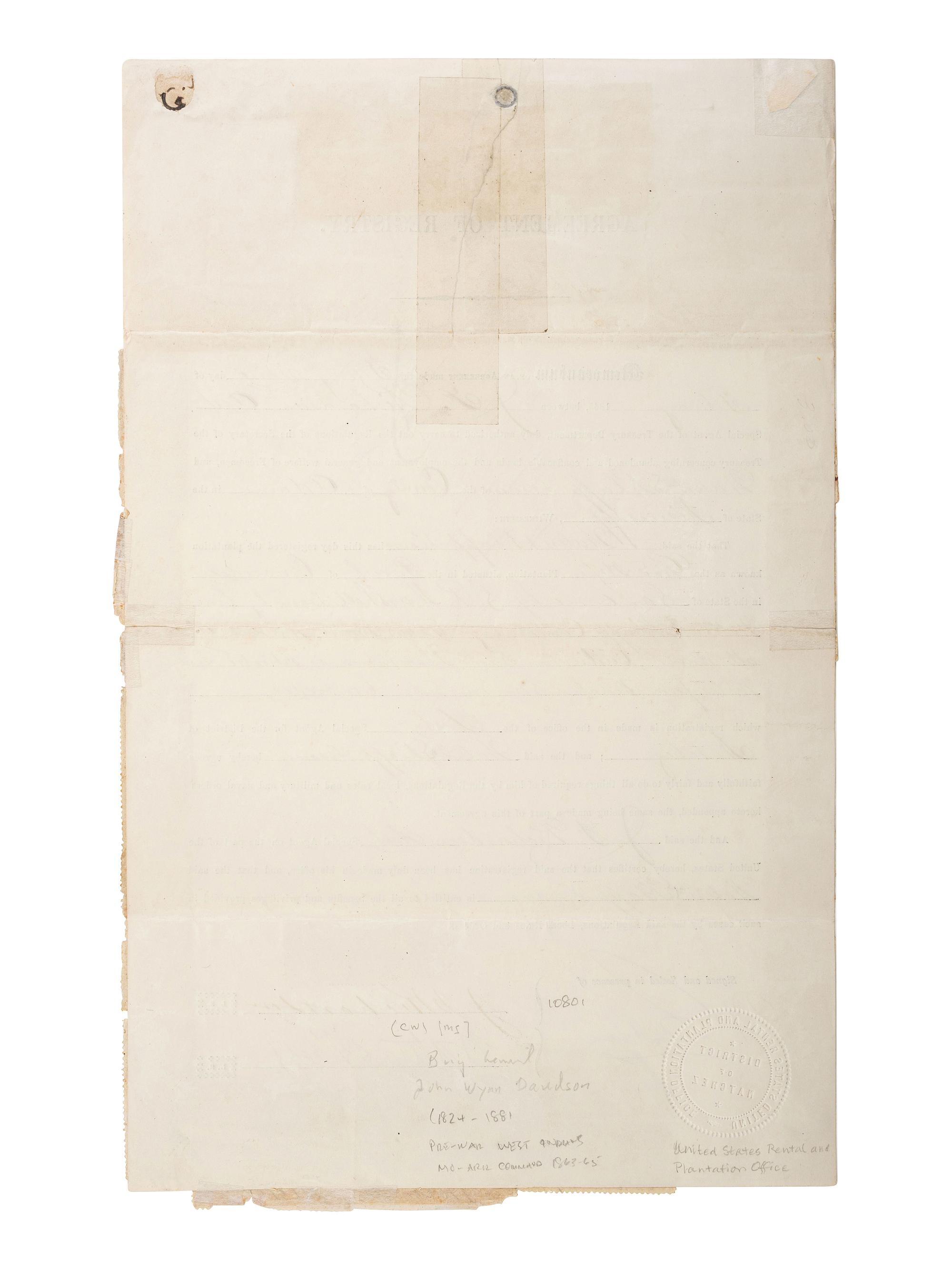 [ENSLAVEMENT & ABOLITION]. "Agreement of Registry" regarding the lease of lands and employment of "freedmen" at the Good Hope Plantation in Vidalia, LA. United States Rental and Plantation Office, District of Natchez. 23 February 1865.