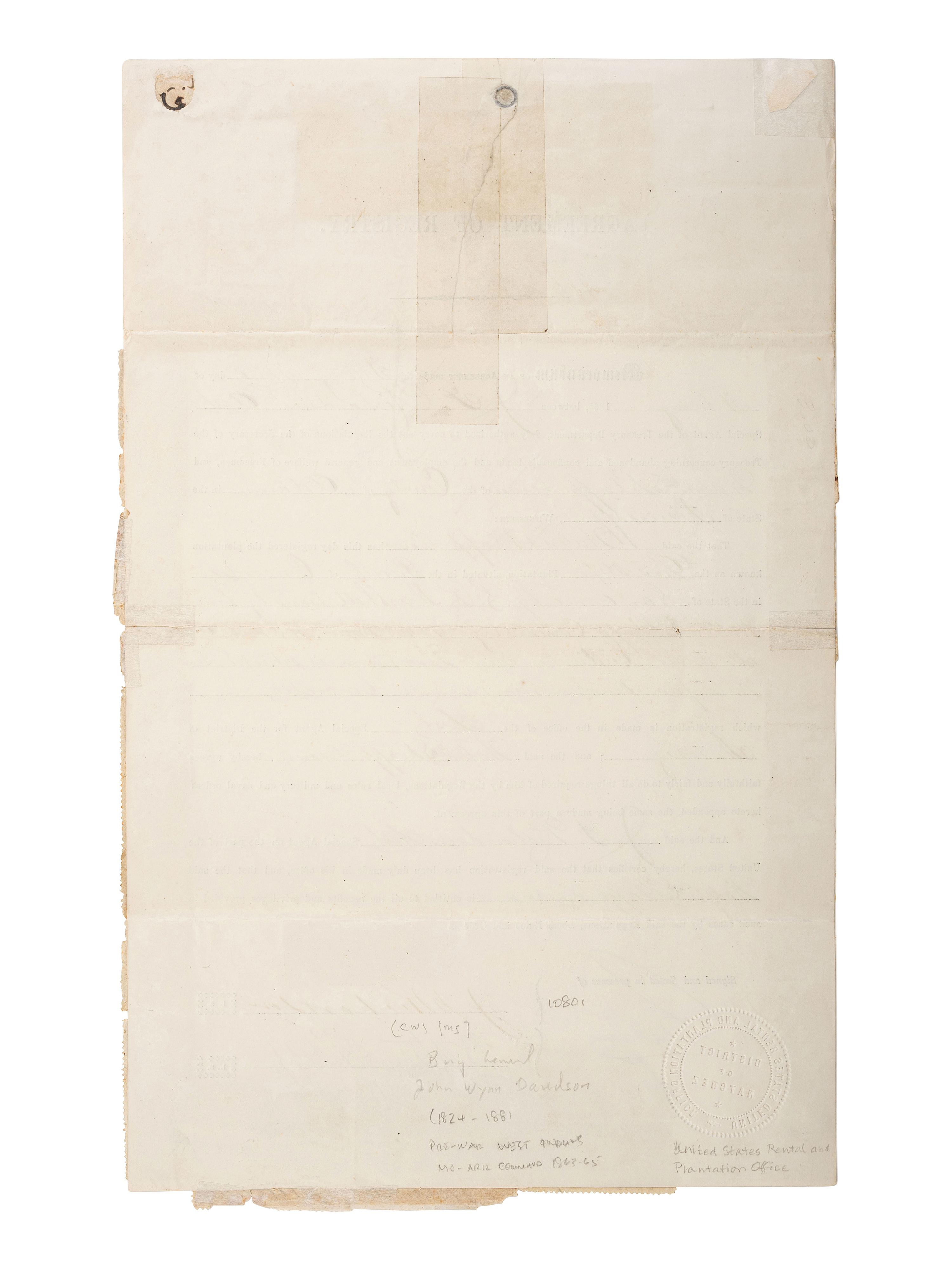 [ENSLAVEMENT & ABOLITION]. "Agreement of Registry" regarding the lease of lands and employment of "freedmen" at the Good Hope Plantation in Vidalia, LA. United States Rental and Plantation Office, District of Natchez. 23 February 1865.