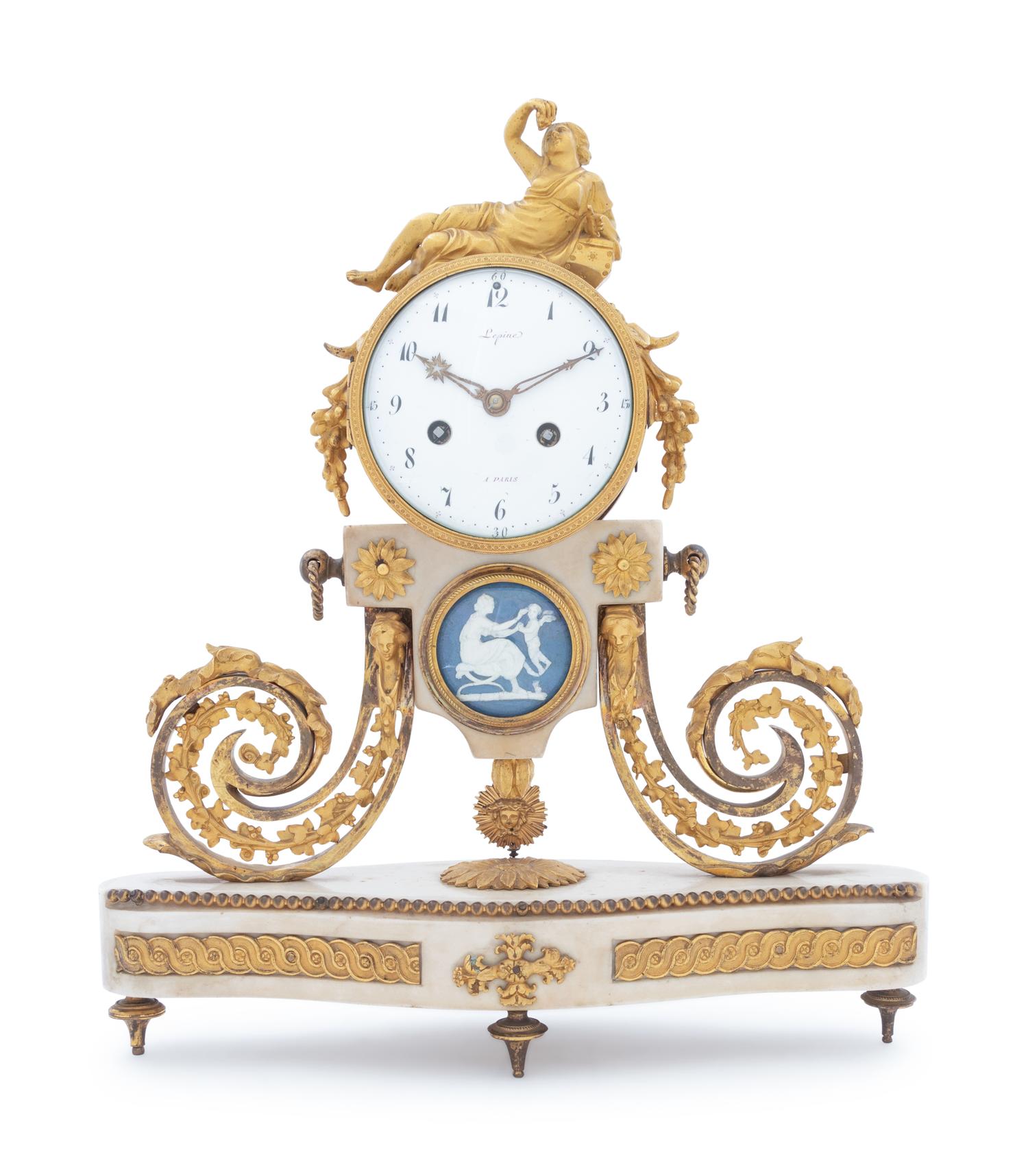 A French Gilt Bronze and Blue Jasperware Mounted Mantel Clock