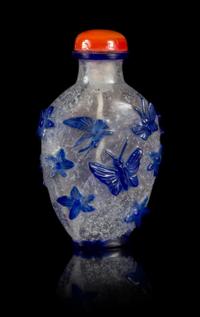A Blue Overlay Snowflake Ground Snuff Bottle Height 3 inches.