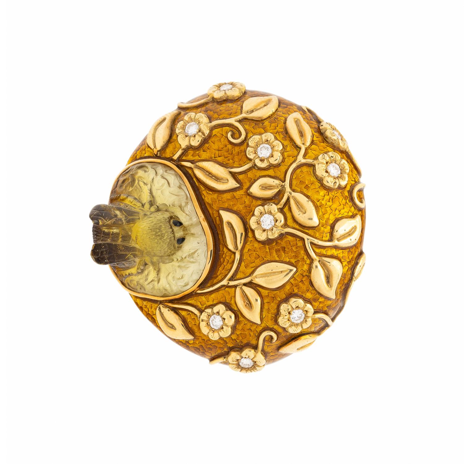 ELIZABETH GAGE, YELLOW GOLD, ENAMEL, AND DIAMOND HONEYBEE BROOCH