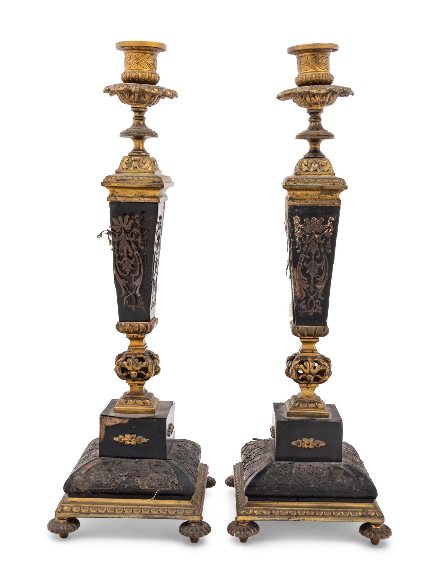 A Pair of Napoleon III Boulle Marquetry Candlesticks