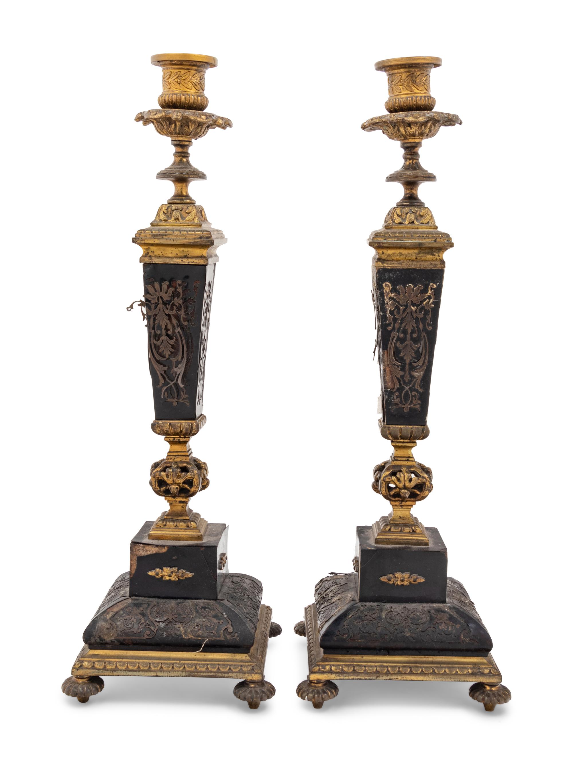 A Pair of Napoleon III Boulle Marquetry Candlesticks