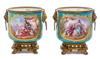 A Pair of Sevres Style Gilt Metal Mounted Porcelain Cache Pots Height 5 1/2 inches. — 19TH CENTURY