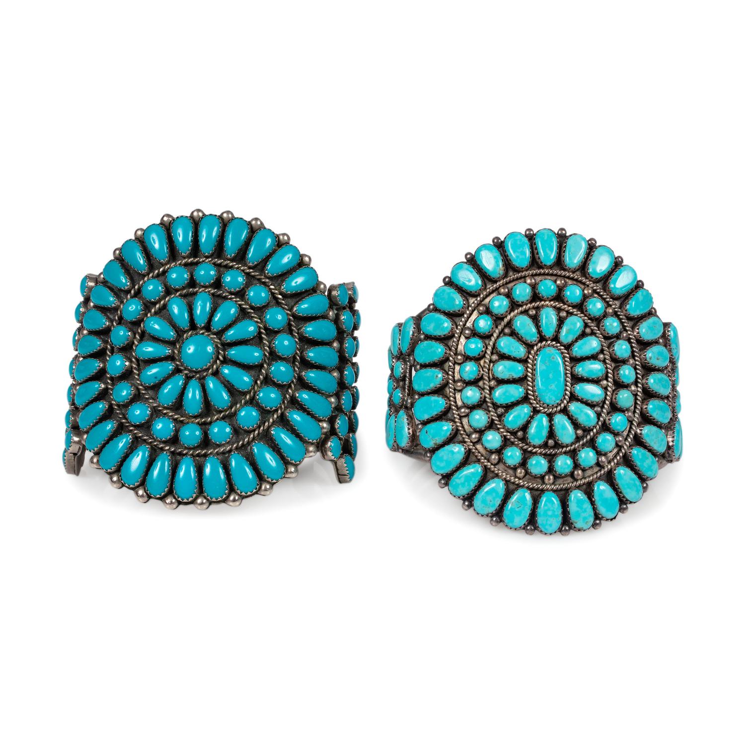Pair of Navajo Silver and Turquoise Cluster Cuff Bracelets