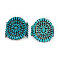 Pair of Navajo Silver and Turquoise Cluster Cuff Bracelets