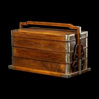 A Chinese Huanghuali and Mixed Wood Three-Tier Picnic Box, Tihe 黃花梨拼雜木三撞提盒
