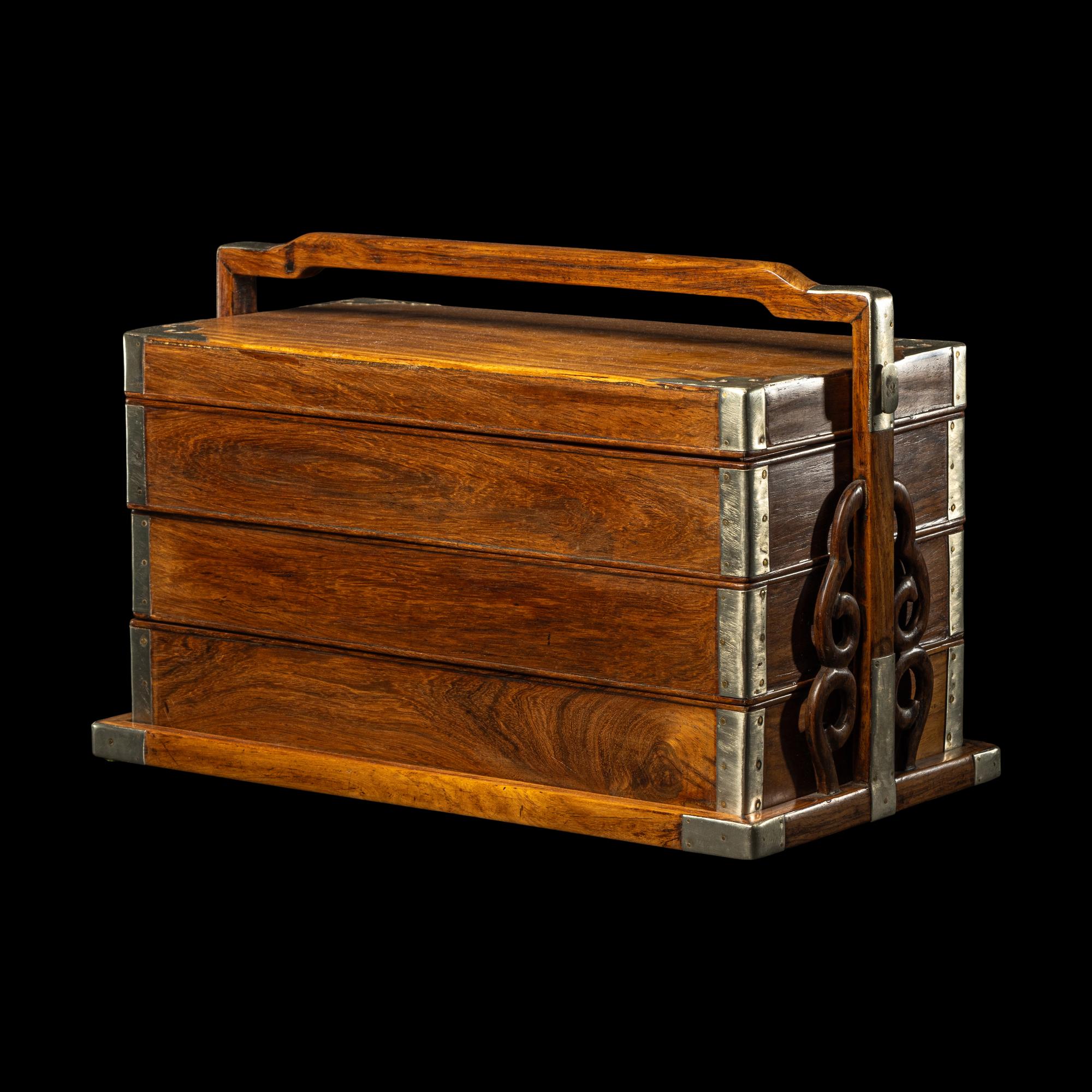 A Chinese Huanghuali and Mixed Wood Three-Tier Picnic Box, Tihe 黃花梨拼雜木三撞提盒