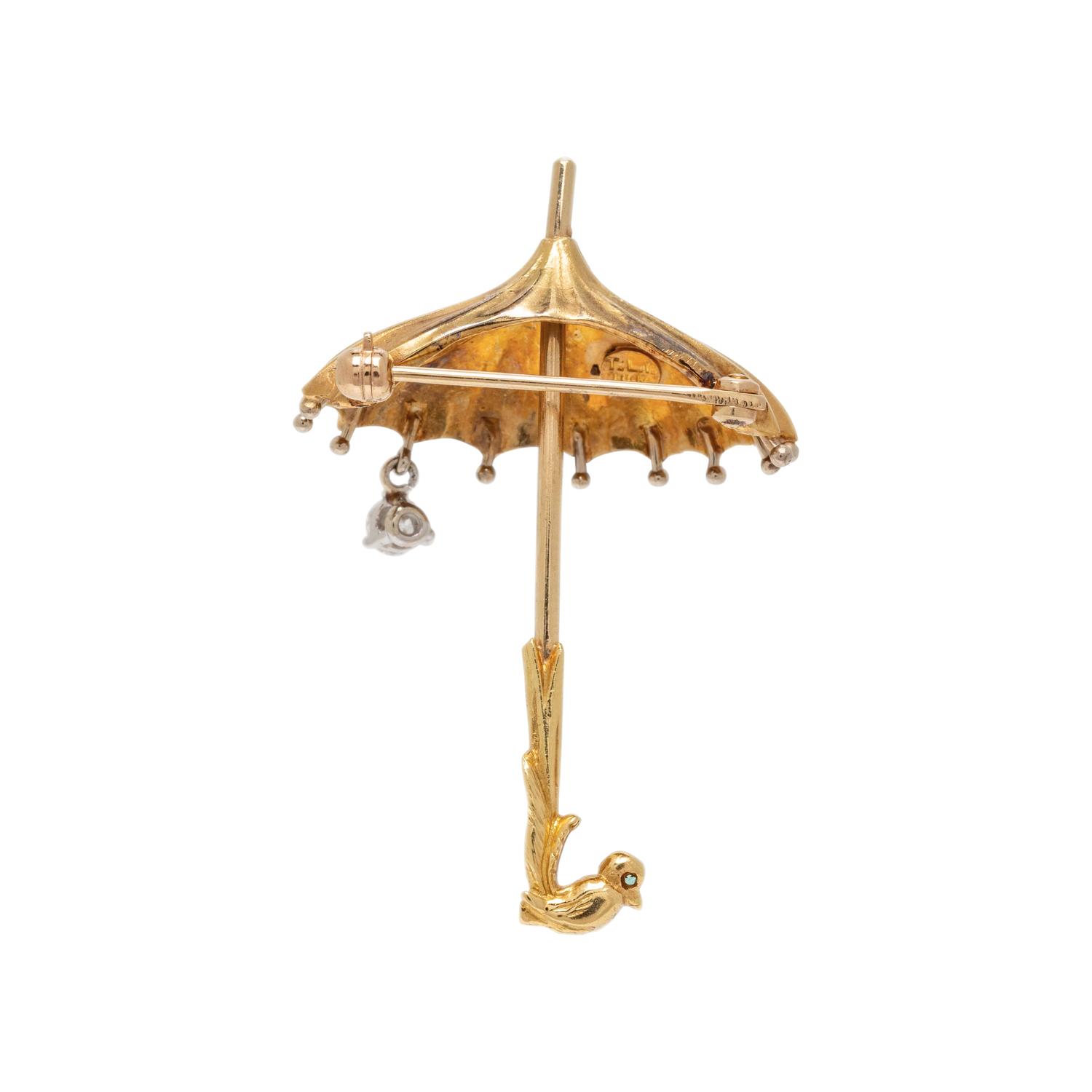 TISHMAN & LIPP, WHIMISCAL DIAMOND AND YELLOW GOLD UMBRELLA BROOCH