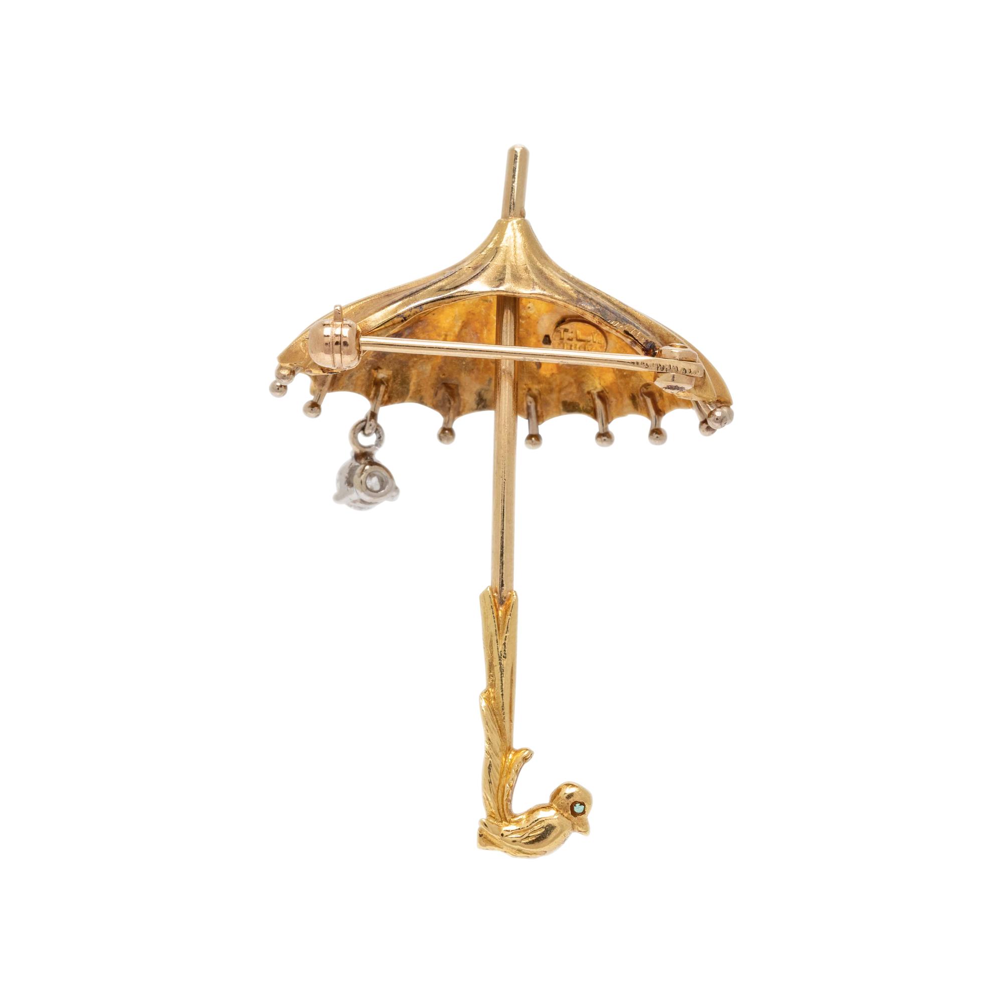 TISHMAN & LIPP, WHIMISCAL DIAMOND AND YELLOW GOLD UMBRELLA BROOCH