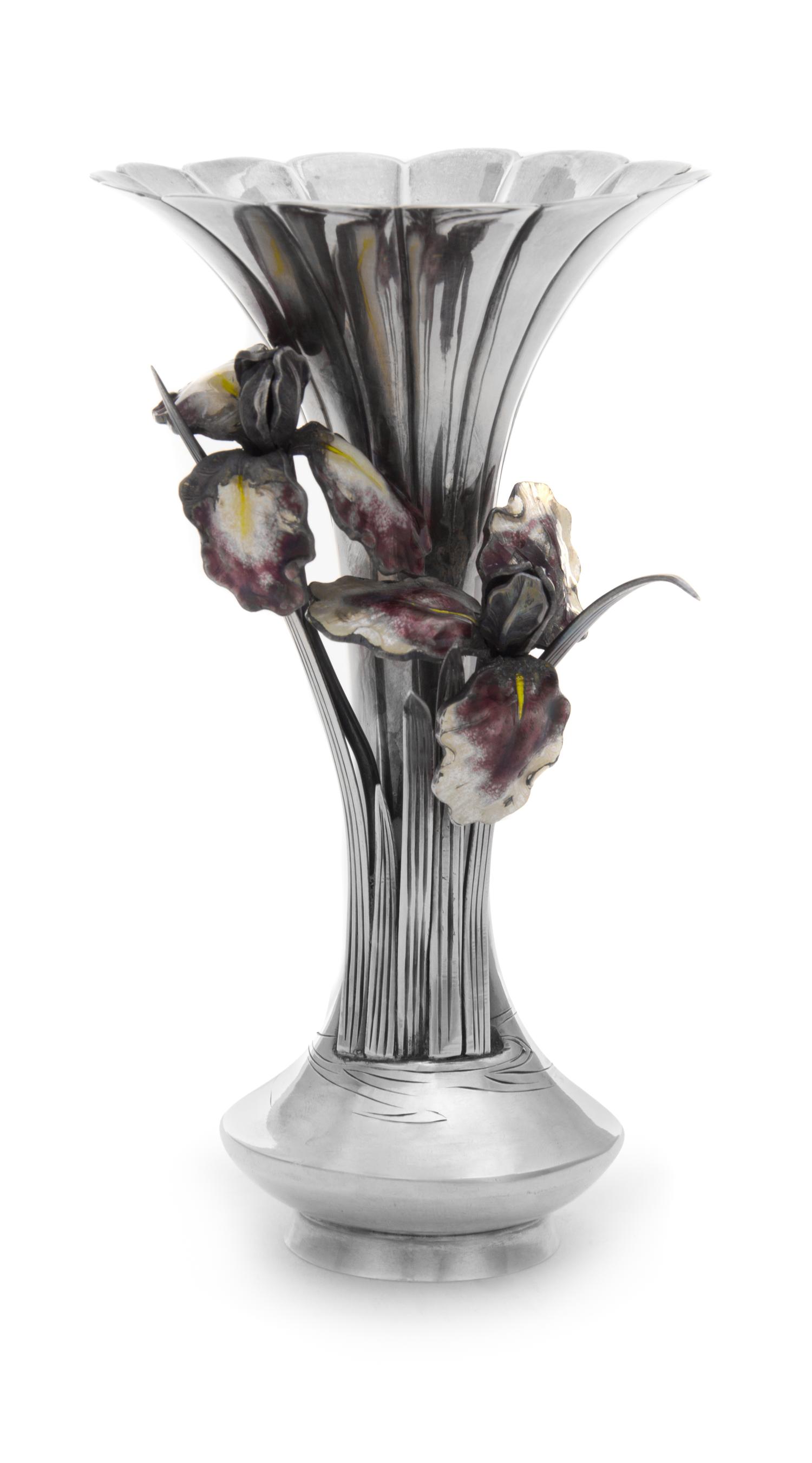 A Japanese Silver and Enamel Vase, , the vase of lotus form with applied reed and enameled orchid decoration.