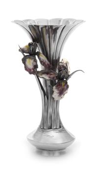 A Japanese Silver and Enamel Vase, , the vase of lotus form with applied reed and enameled orchid decoration.