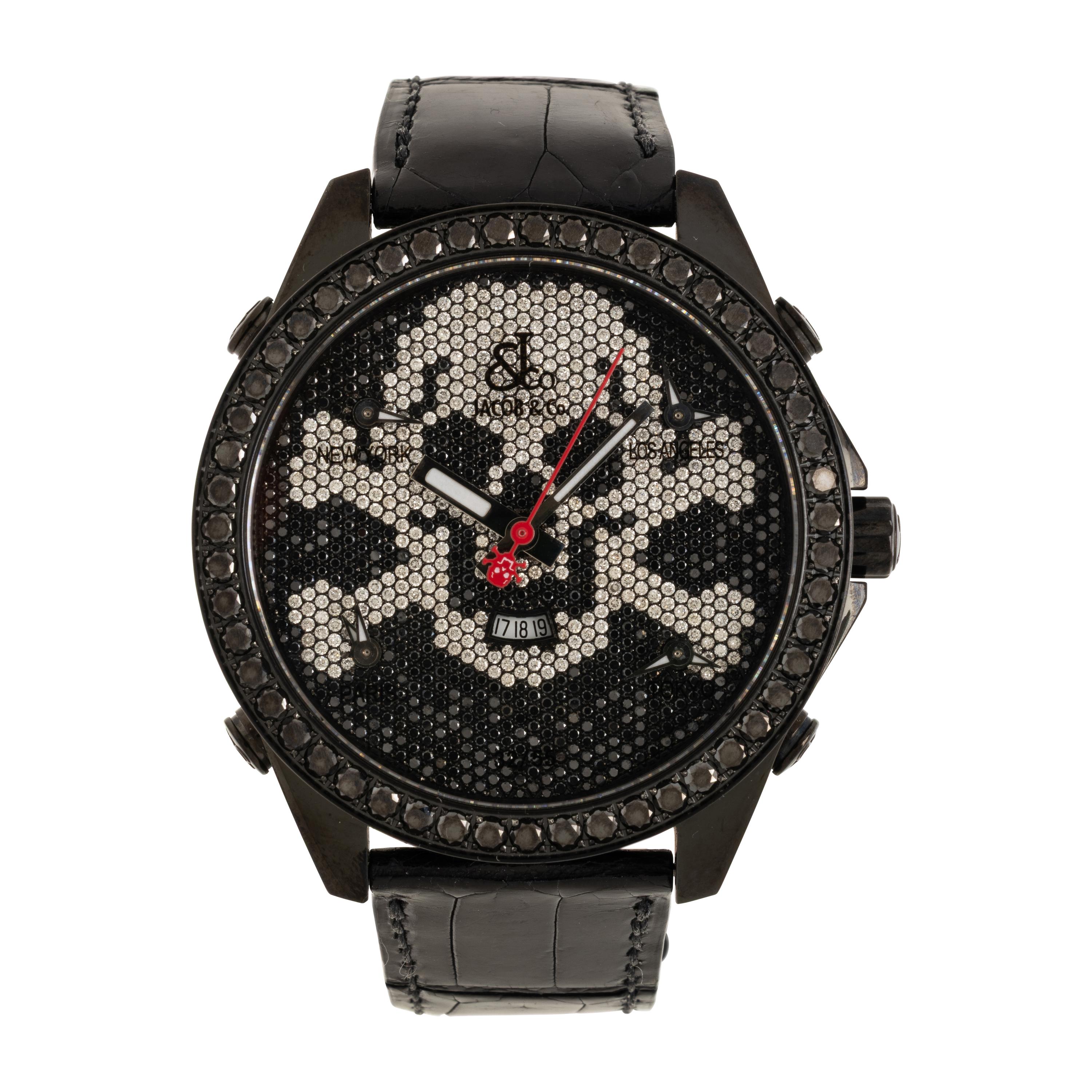 Jacob & Co., Ref. JC-SKULL9, Blackened Steel 'Five Time Zone' Watch with Diamond Skull and Crossbones Dial, with Box & Booklet