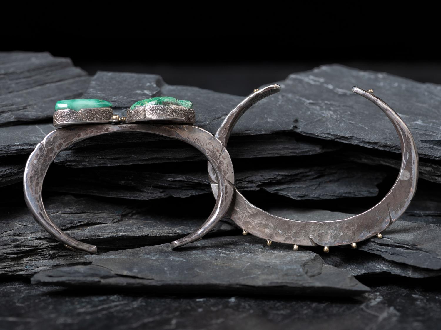 Pair of Slender Sterling Silver Cuff Bracelets with Gold Accents