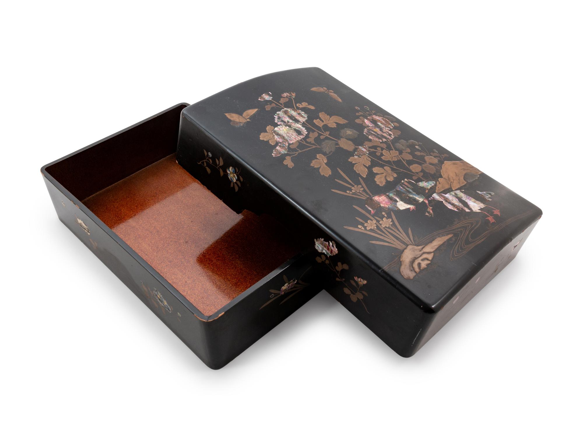 Two Chinese and Japanese Mother-of-Pearl Inlaid Black Lacquer Covered Boxes