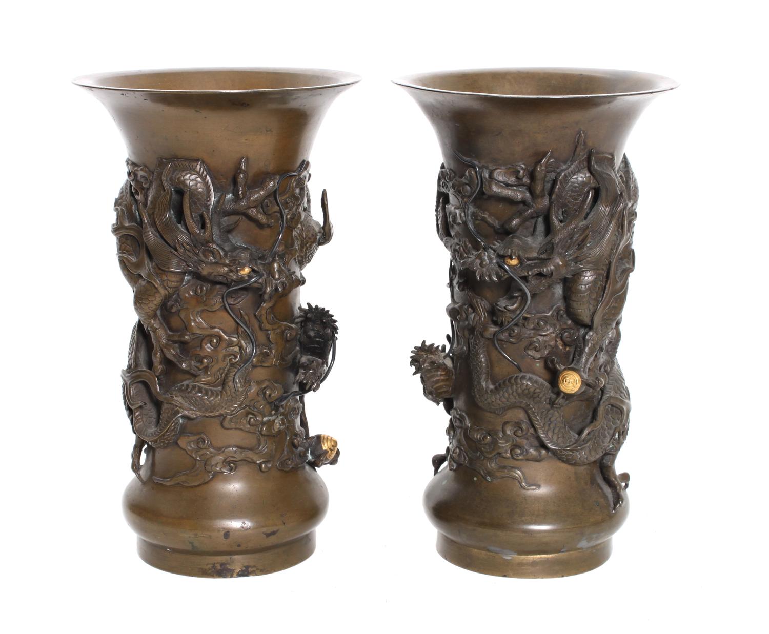 A Pair of Bronze Vases Height 9 7/9 inches. — LATE MEIJI PERIOD
