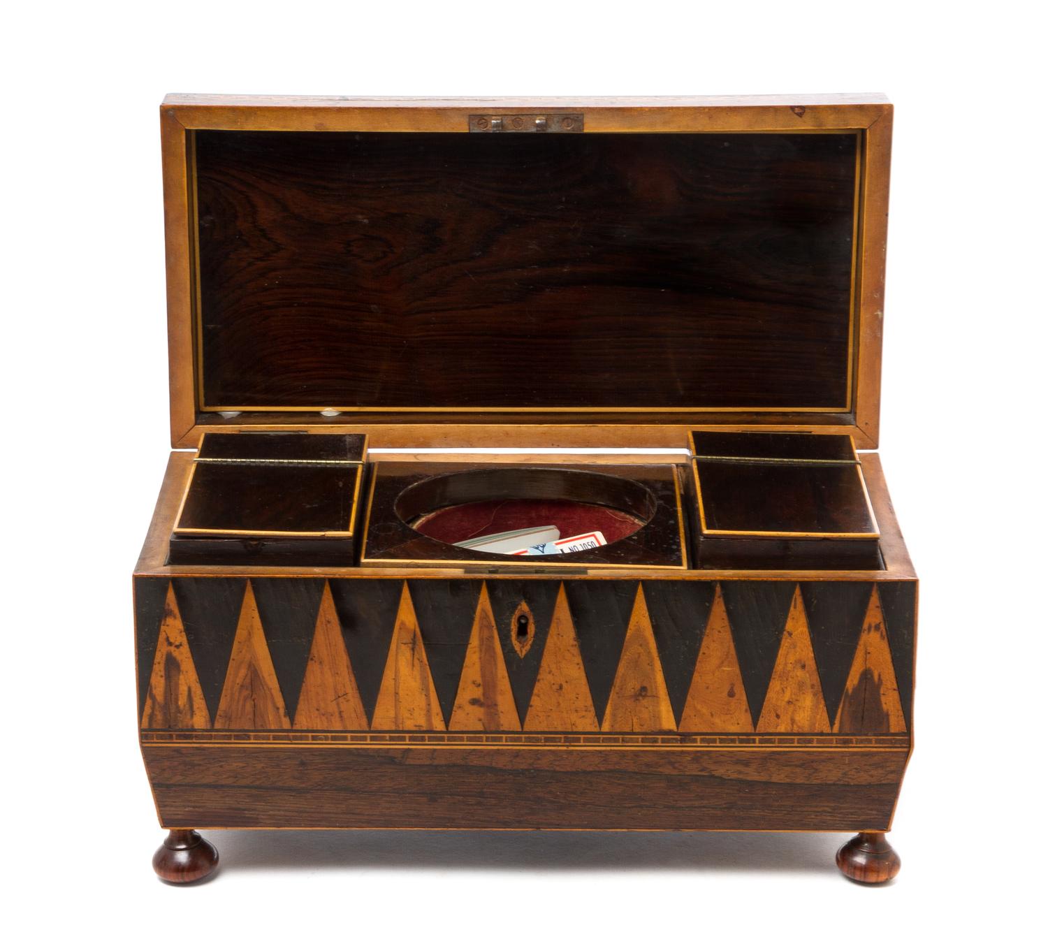 An English Parquetry Tea Caddy Height 7 x width 12 inches. — 19TH CENTURY