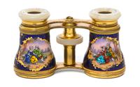 A Pair of French Enameled and Mother-of-Pearl Inset Opera Glasses, Lemaire, Width 3 7/8 inches.